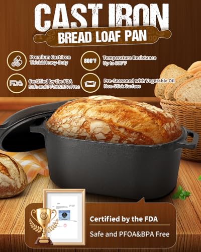 Oval Dutch Oven for Bread Baking, 3.6qt, Black, Up To 1000 ? Cast Iron Loaf Dutch Oven With Lid For Homemade Bread, Sourdough Bread Pan