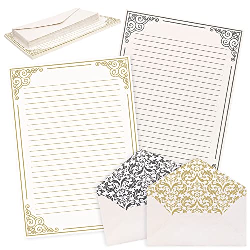 AnyDesign 60 Sheets Vintage Stationery Paper with 30Pcs Self-Adhesive Envelopes Gold Black Border Letter Paper Liner Double-Sided Writing Papers for Birthday Wedding Invitation Greeting Cards