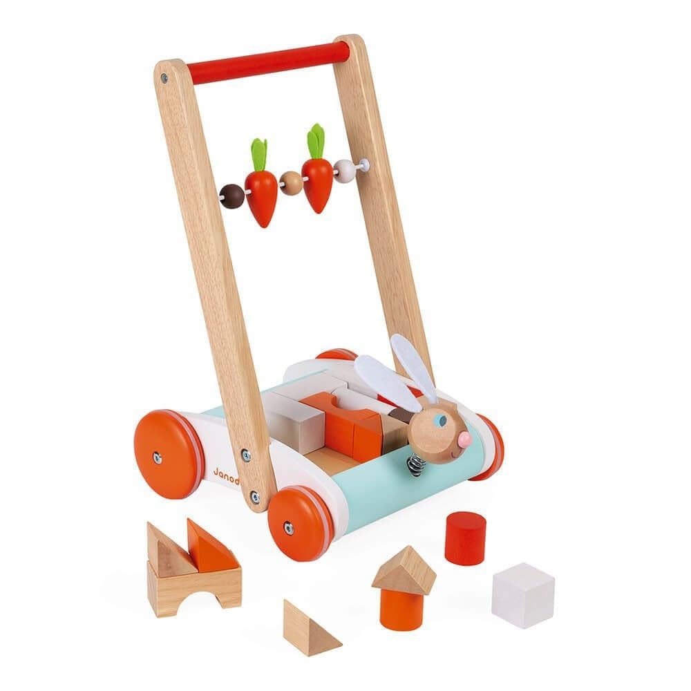 Janod - Carrello Janod Coniglio - Carrello Primi Passi in Legno a Spinta - Testa di Coniglio Su Molla, Carote Su Pallottoliere - con 19 Cubi di Legno - Giocattolo per Bambini da 1 Anno, J8251