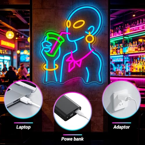 Image of Drinking Neon Signs for Wall Decor, Boho Figure LED Wall Art for Home Bar Decor, USB Dimmable Neon Lights, Housewarming, Birthday, Christmas Gift (Alien Blue)