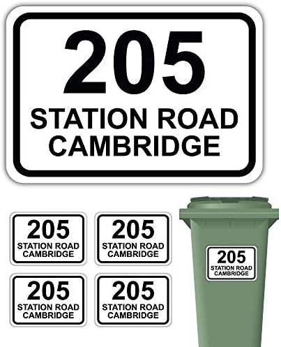Pack of 4 Personalised Printed Wheelie Bin Number Stickers with House Number And Street Name Round Rectangle Style A5 Size Black