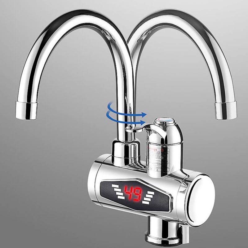 KLVN Grifo eléctrico para calentador de agua de cocina sin tanque de 3000 W, caliente/frío instantáneo, pantalla LED, boquilla flexible (fijación plateada)