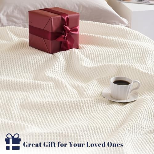 Image of PHF 100% Cotton Waffle Blanket Lightweight Breathable, Twin Size, Cream | Pre-washed Soft Cozy Summer Throw for Hot Sleepers, Textured Decorative Layer for Bed Couch Sofa Guest Room, Giftable