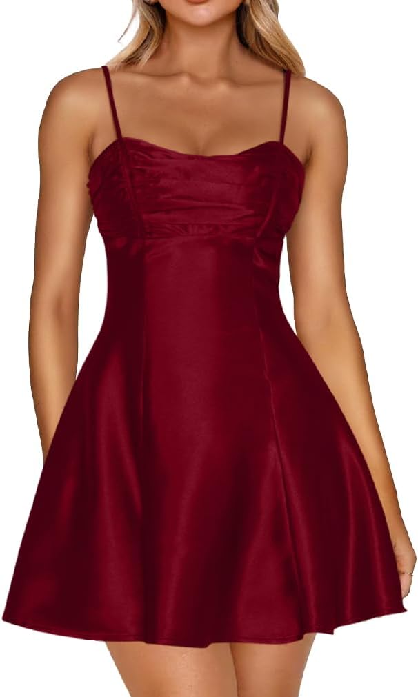 LAGSHIAN Women's Summer Satin Spaghetti Strap A-line Mini Dresses Bodycon Sleeveless Silky Night Out Short Dress