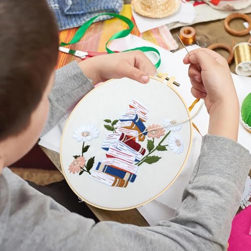 Image of CMINAUS 5 Sets Embroidery Kit for Beginners Adults Book Lover, Embroidery Starter Kit Book Pattern Hand Crewel Needlepoint Cross Stitch Kits Includes 2 Hoops Colored Threads Needles