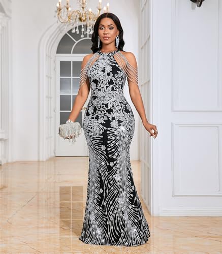 Image of Cololura Women Sexy Elegant Sequin Tassel Off Shoulder Halter Bodycon Maxi Dress Party Evening Gown Formal Dress