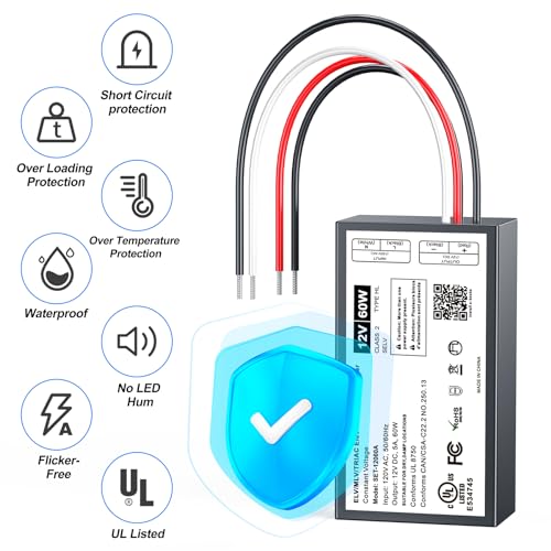 Image of 60W Dimmable LED Driver 12V,Triac ELV /MLV LED Transformer Compatible with Lutron&Leviton Switches,Dimmable Power Supply for Indoor /Outdoor Lights,UL&FCC-Listed