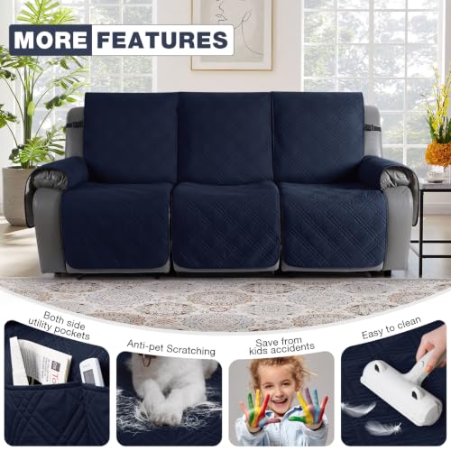 Image of TAOCOCO Waterproof Recliner Sofa Cover Non Slip for Reclining Couch 3 Seat | 100% Waterproof & Washable Split Couch Cover for Dogs & Pets, 3-Piece Recliner Chair Covers with Straps & Pockets, Dark Blue