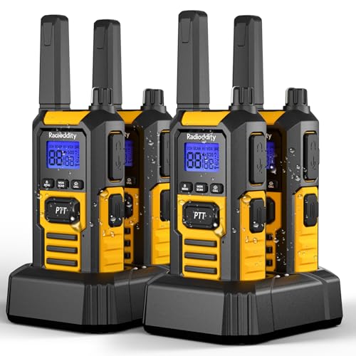 Radioddity HD-1 IP67 Waterproof Floating Walkie Talkies, Heavy Duty Long Range Two Way Radio w/ 2400mAh Battery One-Key Group Call, Vibrate Alert, SOS, Dual PTT, for Construction Hunting, 4 Packs
