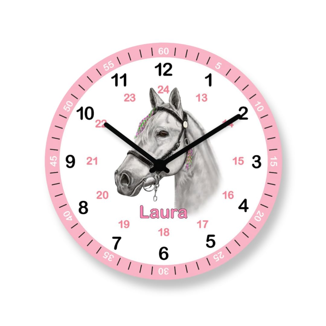 Kinder Wanduhr Pferd Lernuhr Rosa mit Wunsch Name Kinderuhr