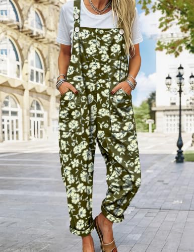 Image of YESNO Women's Overalls Cotton Boho Casual Floral Bib Jumpsuit Baggy Adjustable Strap Romper with Pockets PVV