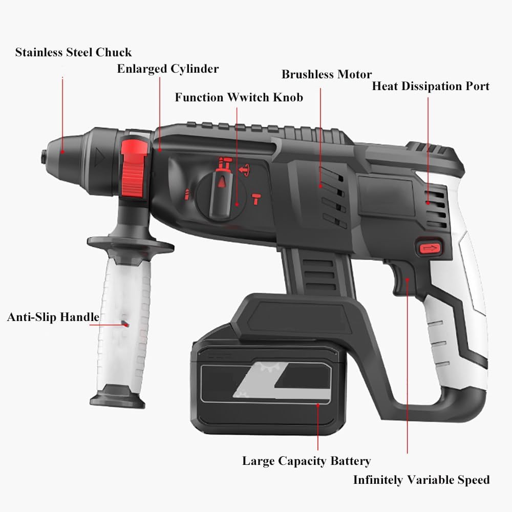 880w Heavy Duty Motor Electric Hammer,980r/Min Rotary Hammer Drill With Safety Clutch,Flat Chisel,Drill Clamp,Electric Drill And Handle,4 In 1 Function Electric Hammer,7.5AH