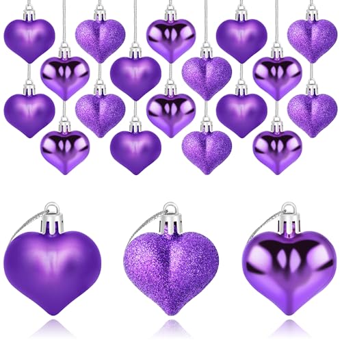 Yuronam ハートオーナメント 24個 3種類の仕上げ ハート型 ハンギングオーナメント バレンタインデー ウェディング クリスマスツリー 母の日 記念日 パーティーデコレーション(パープル)のサムネイル