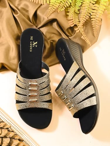 Image of XE Looks Women's Gold Glitter Wedge Sandals | Multi-Strap Design With Decorative Accents | Comfortable Slip-On Wedges For Girls & Women