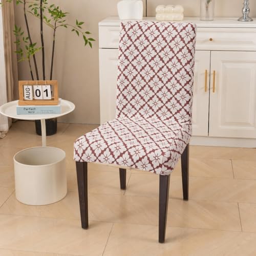 Image of HOMETHREADS Stretchable Elastic Jacquard Chair Seat Cover and Waterproof Dining Table Cover | Removable,Washable & Durable Chair Protector |for Dining Room (F Brown, 4Chairs+1Table Cover (150X180))