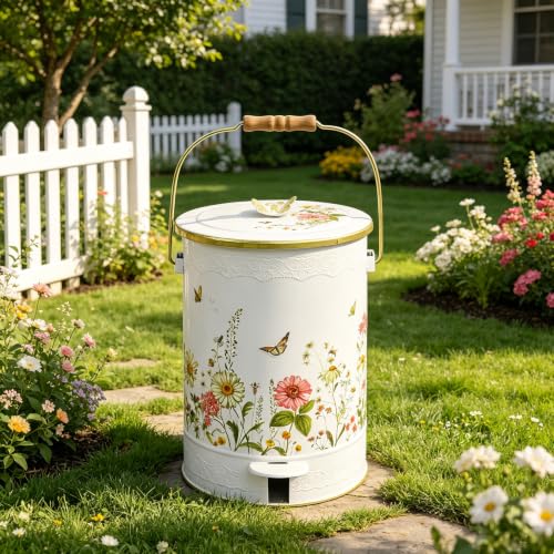 Image of White Floral Metal Step Trash Can with Lid, 8L Vintage Butterfly & Wildflower Decorative Waste Basket with Handles for Bathroom, Bedroom, Kitchen, 14.57 inch x 9.84 inch