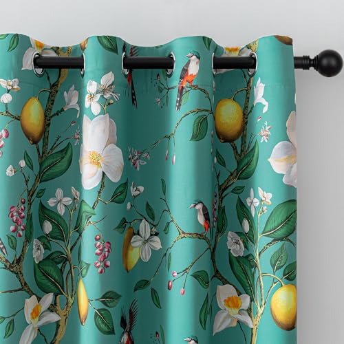 Image of MYSKY HOME Floral Blackout Curtains 84 inch Long for Living Room Vintage Mid Century Style Lemon Hummingbird Patterned Room Darkening Privacy Drapes Grommet Living Dining Room, 2 Pcs, 52 inchW, Deep Green