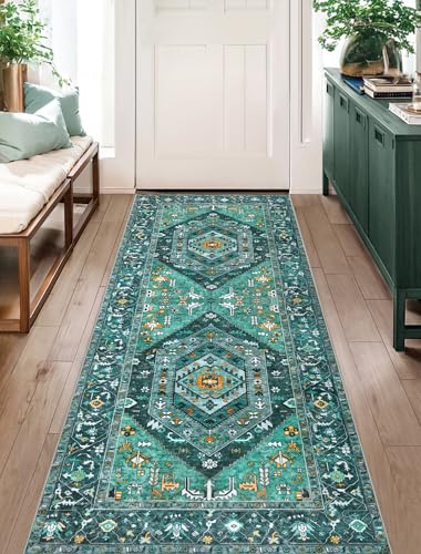 SERISSA Boho Washable Runner Rug, 2x5 Rug Runner Non-Slip Vintage Teal Hallway Kitchen Runner Rug Ultra Soft Print Distressed Tribal Floor Carpet Runner for Bedroom Bathroom Laundry Living Room