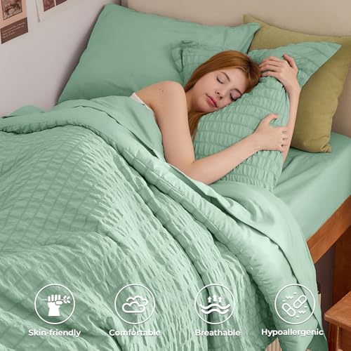 Image of HYMOKEGE Sage Green Twin XL Comforter Set Seersucker 5 Pieces, All Season Luxury Bed in a Bag for Bedroom, Bedding Set with Comforter, Sheets, Pillowcase & Sham
