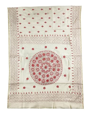 Image of SHRISTI CLOTHINGS Women's Hand Embroidered Cotton Silk Kantha Stitch Saree with Blouse Piece (J420724 OFFWHITED89)