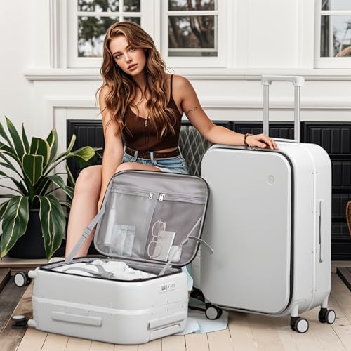 mixi 20 Inch Carry On Luggage 22x14x9 Airline Approved PC Hard Shell Suitcase Top Opening Aluminum Frame Travel Suitcases with Wheels, Smoke White2