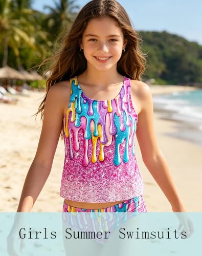 Image of Girls Swimsuits 3 Piece Tankini Bathing Suit Set Cute Bikini Swimwear with Cover Ups Beach Skirt 5-16 Years