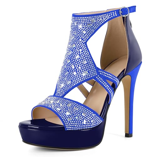 Eldof High Heeled Sandals for Women, Open Toe Strappy Platform Sandals, Cutout Gladiator Heels with Rinestones, Pumps Shoes for Dress Party Evening Summer