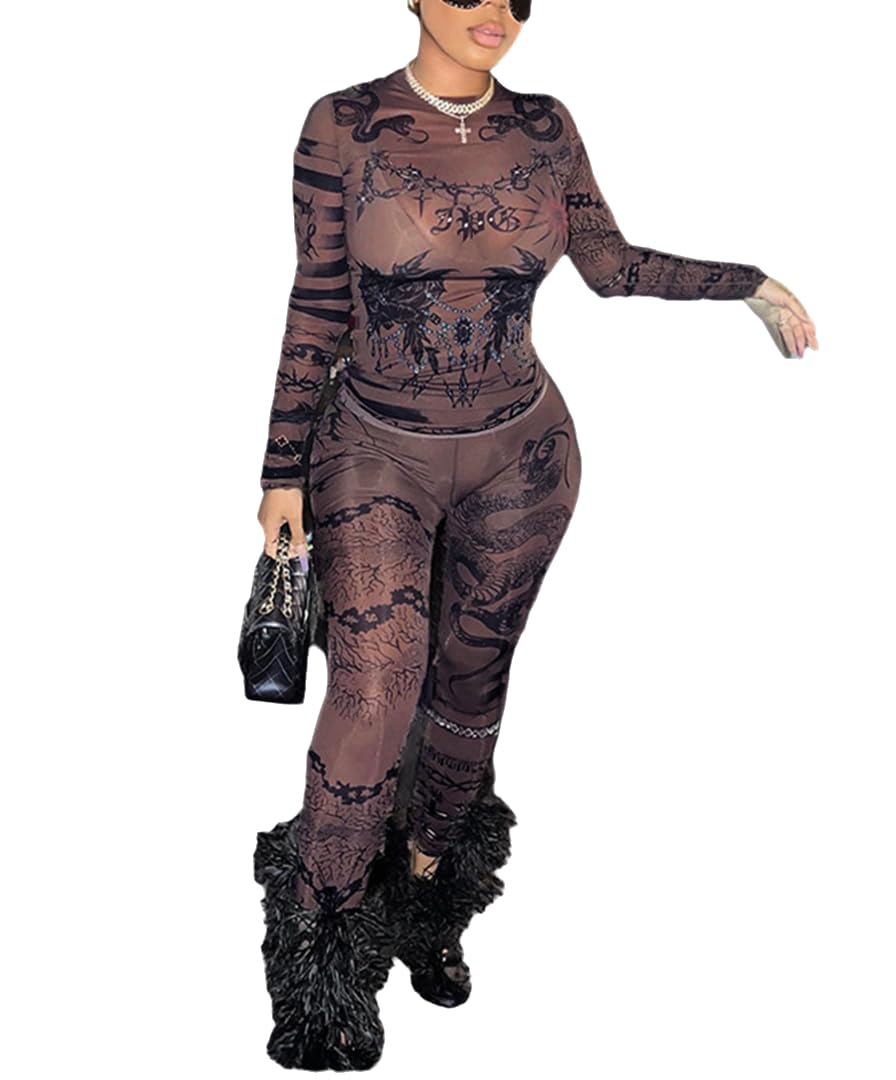 THLAI Women's See Through Mesh Bodycon Two Piece Sets Sexy Print Long Sleeve Clubwear