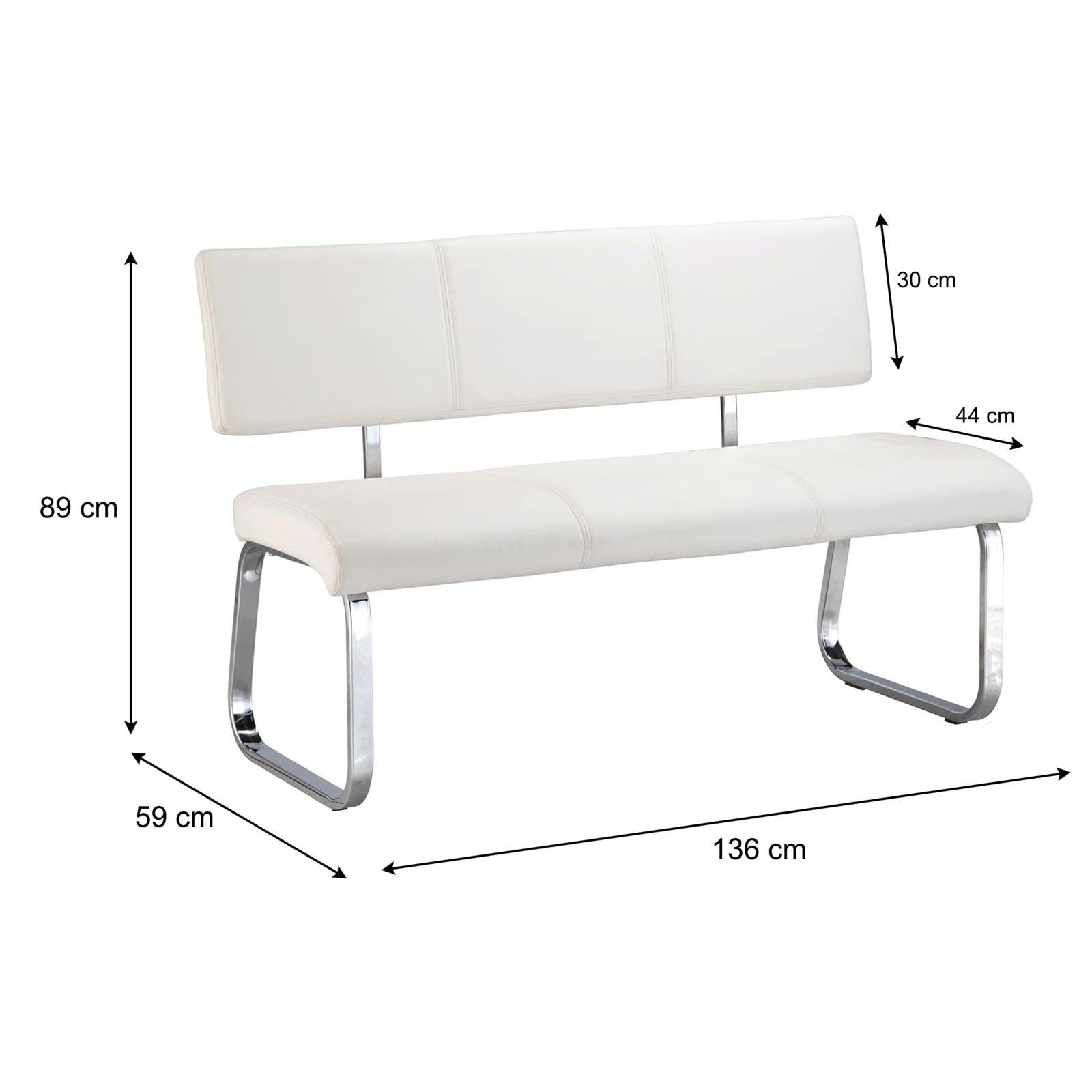 VILAS - Banco de comedor de 3 plazas, color blanco, estructura de metal, acolchado cómodo, tapizado en piel sintética, banco ideal para comedor y cocina. Robusto, duradero y elegante con 3 asientos,