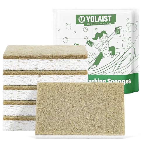 Yolaist 6 Pack Eco Sponges Washing Up - Biodegradable Washing Up Sponge - Durable Natural Dish Sponge with Non-scratch Scouring Pads
