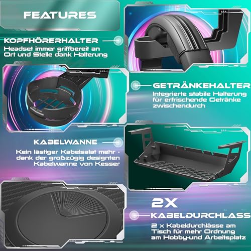 KESSER® Gaming Tisch 180cm x 80cm | Z-Form Gamer Schreibtisch | Kopfhörerhaken & Kohlebeschichtung | Ergonomischer PC Computertisch | Stabiler Tisch mit Getränkehalter Schwarz – Bild 6
