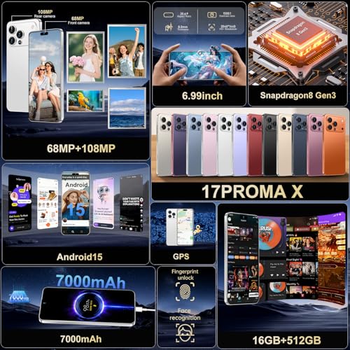 Image of Ecshock 17PM Unlocked Phone | Cell Phone Android 15.0 | 16+512GB Smartphone| 6.99 inch HD Display | Long Battery Life 7000mAh | 68+108MP Zoom Camera| Fingerprint Lock | with Dual SIM (White)