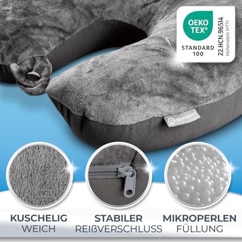 Heimwert Reisekissen - 2in1 Nackenkissen Stützkissen,Nackenhörnchen, 37x27 cm - Travel Pillow für Flugzeug, Camping, Reise - Ergonomisches Kopfkissen mit Microperlen (Grau)