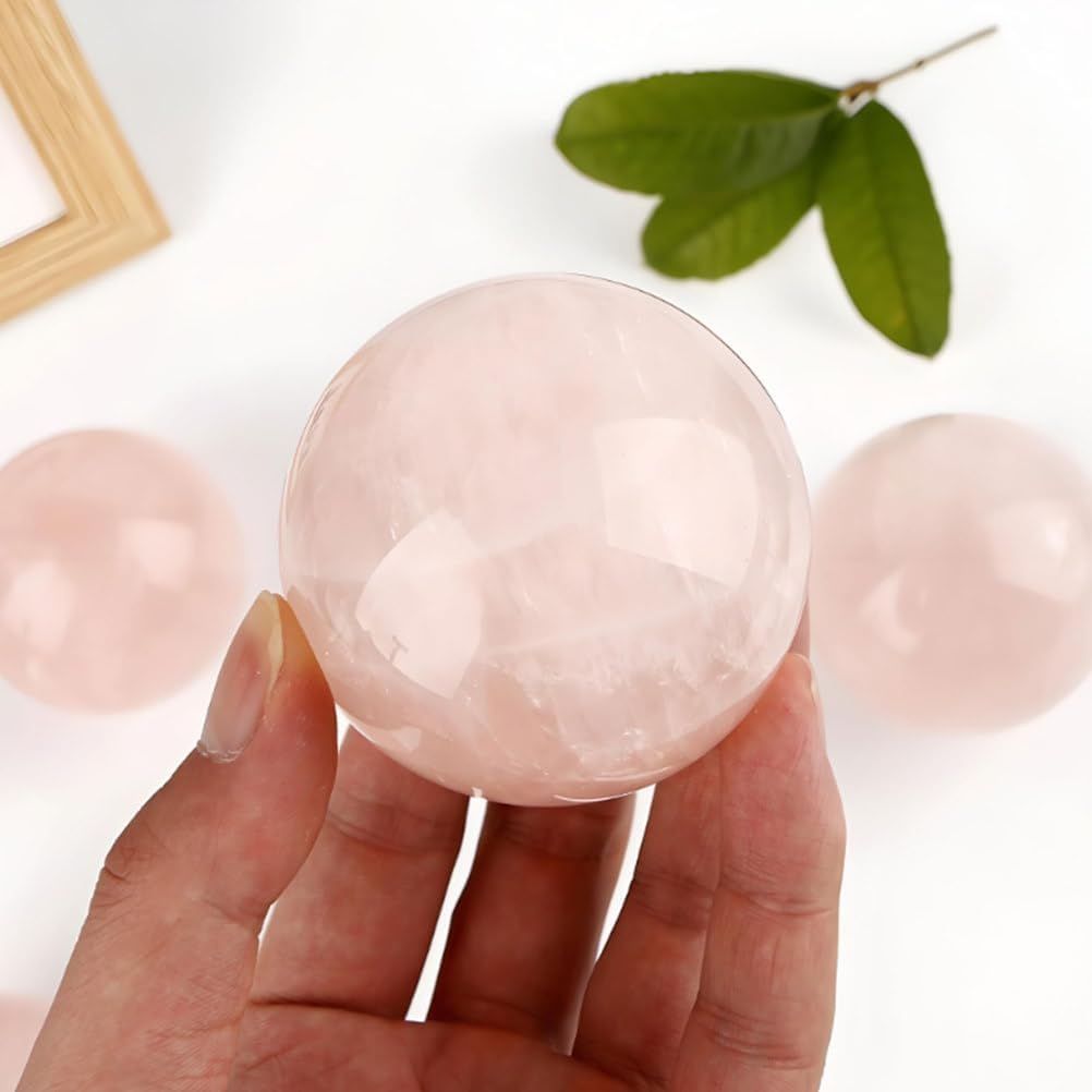 Rose Quartz Crystal Ball Gemstone Home Decoration Stone Sphere with Wood Stand for, Feng Shui, Balance, Divination,50mm