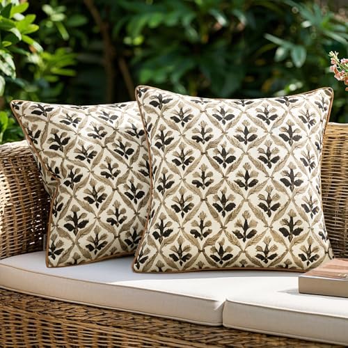 Image of MIULEE Pack of 2 Decorative Outdoor Waterproof Throw Pillow Covers Flower Print Chic Boho Accent Pillow Covers for Square Garden Patio Cushion 20x20 Inch, Coffe-Brown