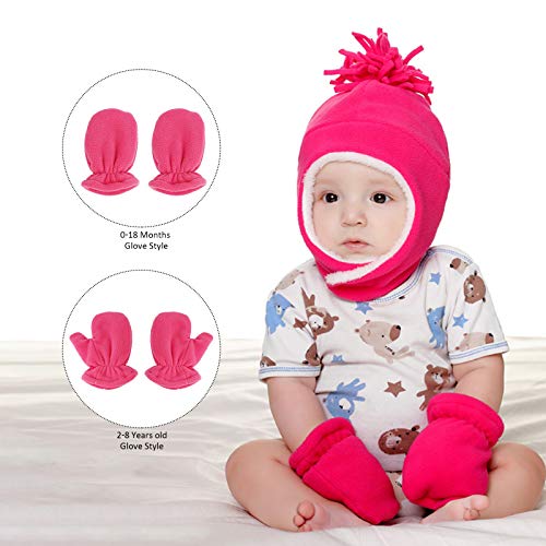 Baby Boy Girl Sherpa Lined Warm Fleece Pilot Hat Toddler Kids Hat Mitten Set Winter Accessories3