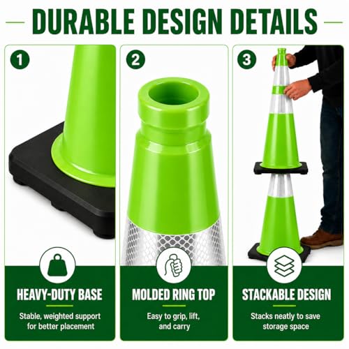 Image of BESEA 8 Pack 36 Inch Green Traffic Cones with Wide Weighted Base