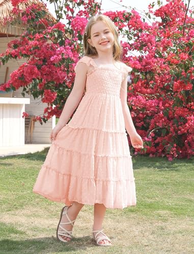 OBEEII Toddler Girls Summer Casual Dress Flutter Sleeve Smocked Swiss Dot Sundress Kids Playwear Chiffon Ruffle Flowy Dress3