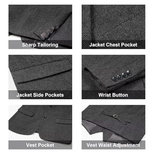Image of Retro 3 Piece Suit Tweed Herringbone Men's Suits Slim Fit Groom Tuxedos Set Prom Brown Grey Jacket Blazer Vest Pants