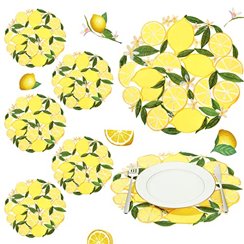 6 Pcs Spring Summer Embroidered Lemon Placemats 14'' Lemon Floral Cutwork Round Placemats Doilies Washable Placemats for Home Dinning Kitchen Wedding Restaurant Buffet Limoncello Party Decorations