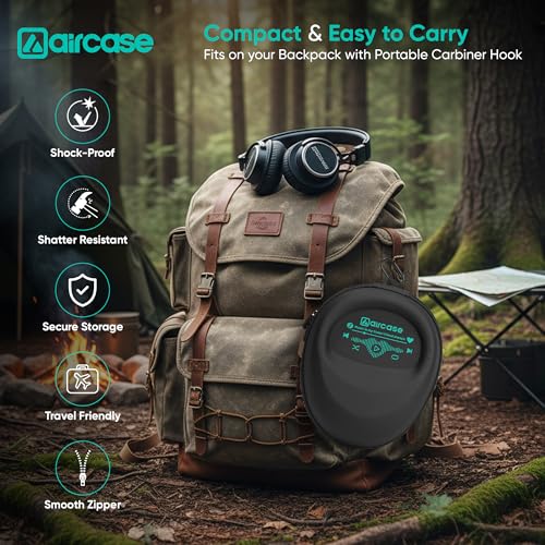 Image of AirCase EVA Hard Shell Headphone Carrying Case for Over-Ear Headphones | Shockproof, Water-Repellent, Anti-Pressure Travel Protective Pouch with Carabiner Hook - Universal Fit (Black)