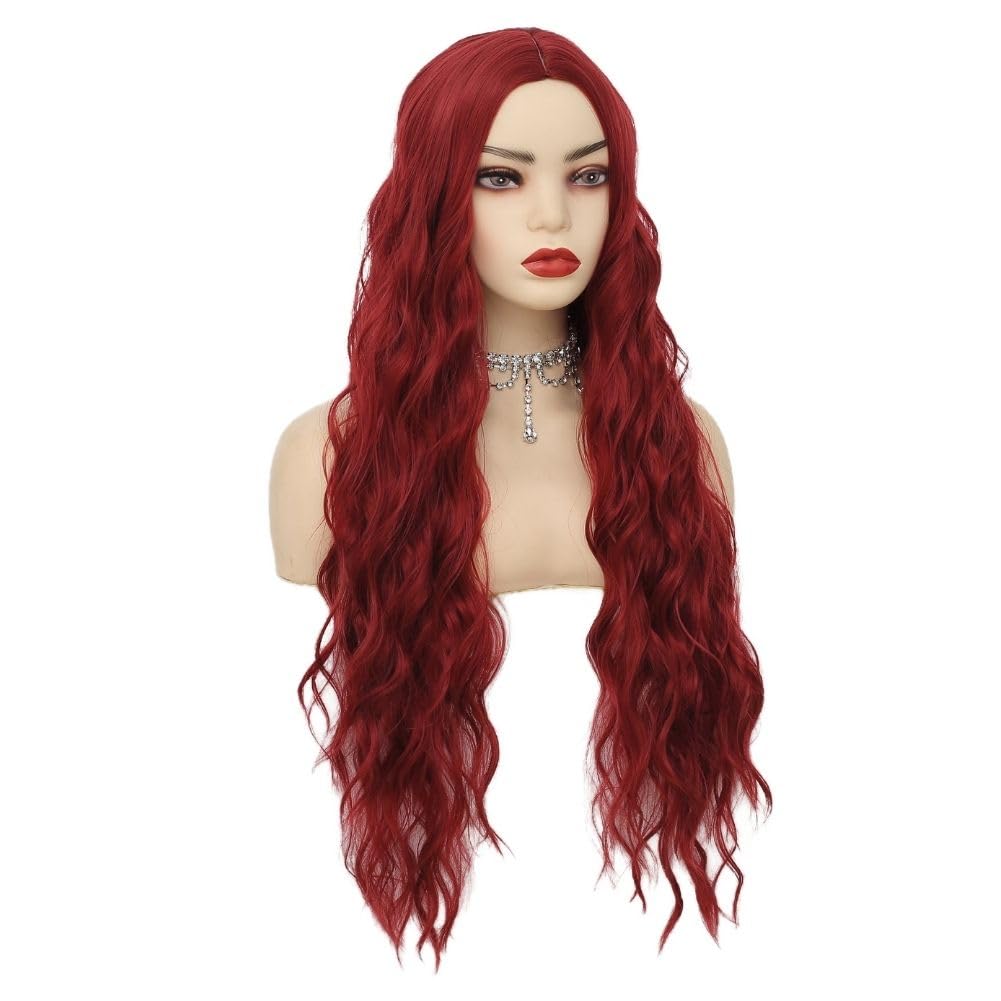 Siudus Dark Red Long Curly Wavy Wigs for Women Burgundy Middle Part Hair Wig Synthetic Heat Resistant Fiber Halloween Cosplay Wig - Image 3