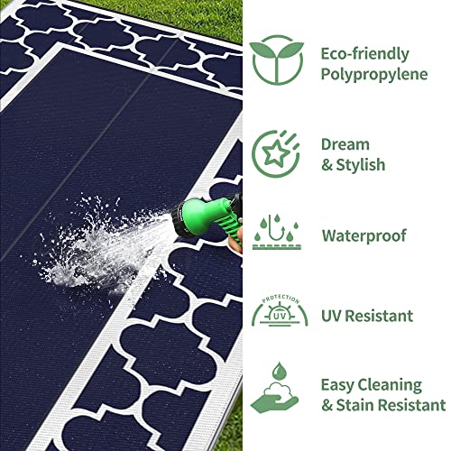 Image of GENIMO Outdoor Rug, Waterproof Plastic Rugs 10'x20' for Camping Blue White | Outside Larger Modern Carpet Mat for Patio Decor, RV, Porch, Camper, Deck, Picnic, Beach, Backyard, Reversible, Foldable
