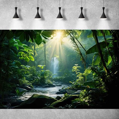 Image of Jungle Aquarium Background Waterfall Lush Green Jungle Plants Terrarium Background Stream Big Rocks with Moss Fish Tank Background Natural Jungle Forest Landscape Aquarium Backdrop Vinyl 30x18in