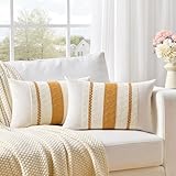 Fancy Homi Set of 2 Mustard Yellow Fall Lumbar Decorative Throw Pillow Cover 12x20 Inch for Couch Bed Sofa, Autumn Halloween Thanksgiving Home Decor, Soft Cotton Cushion Case