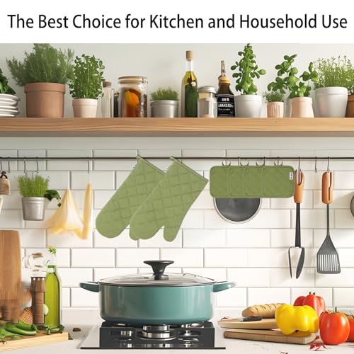 Win Change Oven Mitts and Pot Holders Sets,6 Pcs Oven Mitts and Potholders with Recycled Cotton High Heat Resistant Extra Thick Long Oven Mitts for Cooking(Green) - Thumbnail 6