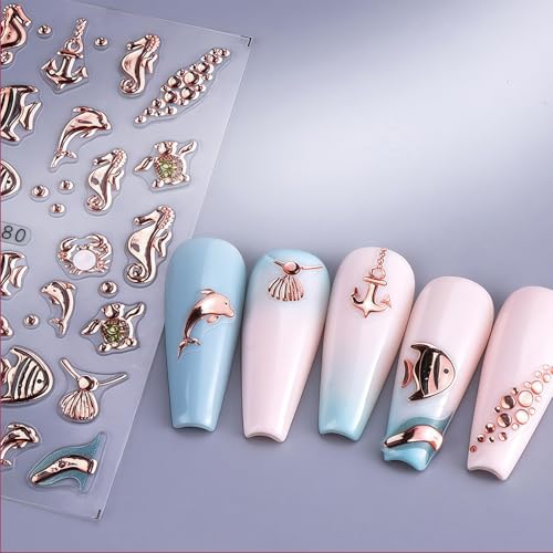 Shimmerz 2 Sheets 5D Relief Marine Life Nail Decal Gold Shell Starfish Ocean Creature Summer Nail Design Sticker Self-Adhesive Nail Decoration - Image 4