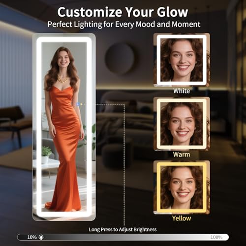 Image of Koonmi Full Length Mirror with LED Lights, 65 inchx24 inch Lighted Mirror with Dimming & 3 Color Lighting, Big Mirror for Bedroom, Dressing Room, Rectangle,White