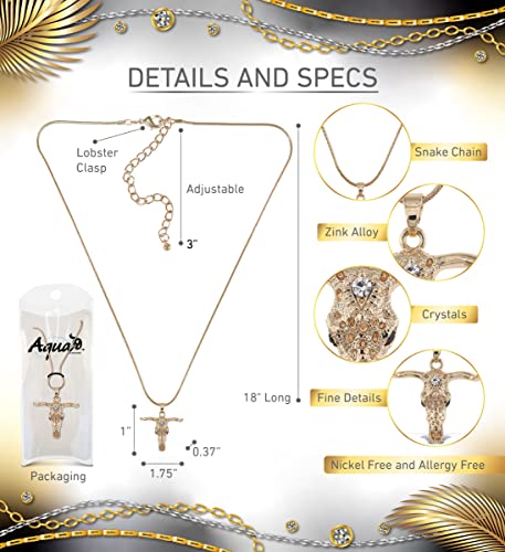 Gold Longhorn Sparkling Crystal Pendant Necklace - Cute Necklace with Longhorn Skull Head Sparkly Jewelry, Elegant Gold Charm Necklace - 18 Inches2