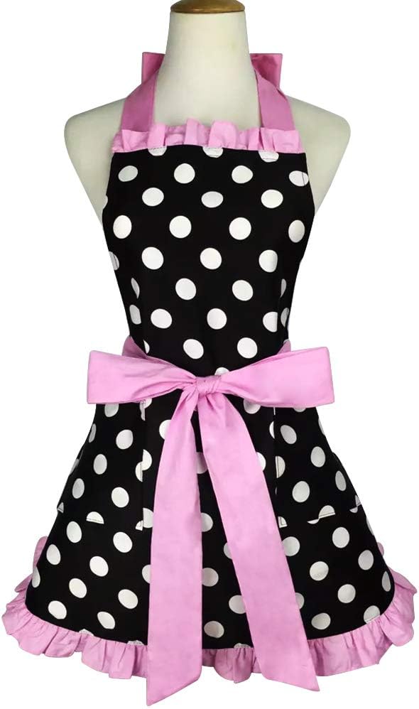 Lovely Polka Dot Retro Ruffle Side Sexy Kitchen Cooking Apron with Pocket Gift for Women Girls Housewarming